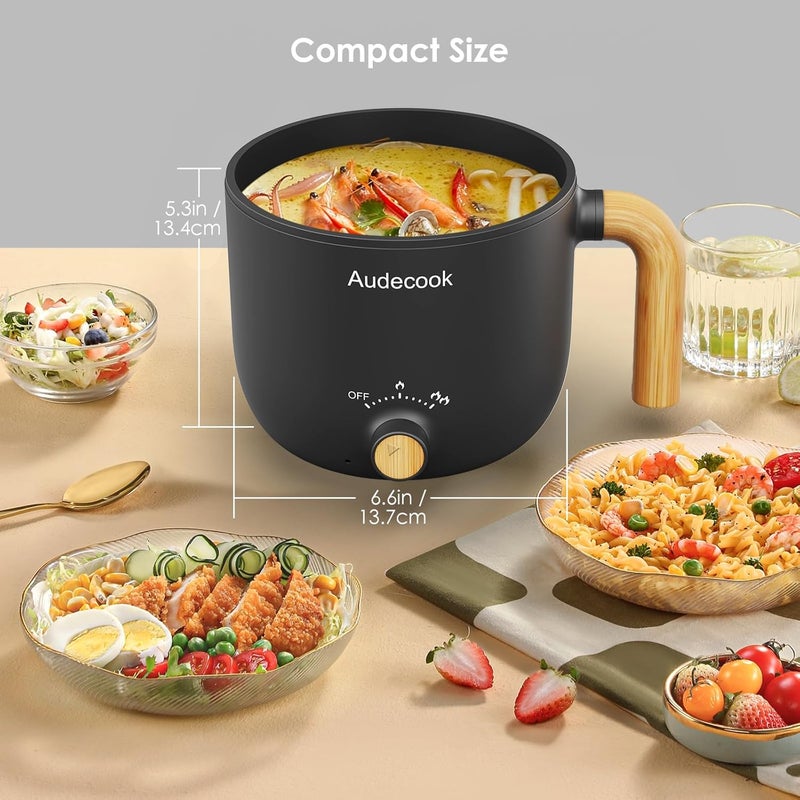 Audecook Hot Pot Electric, 1.5L Rapid Noodles Cooker, Portable Nonstick Mini Multicooker, Travel Electric Pot with Dual Power Control for Ramen/Pasta/Soup/Steak/Egg/Oatmeal (Black) - Image 4